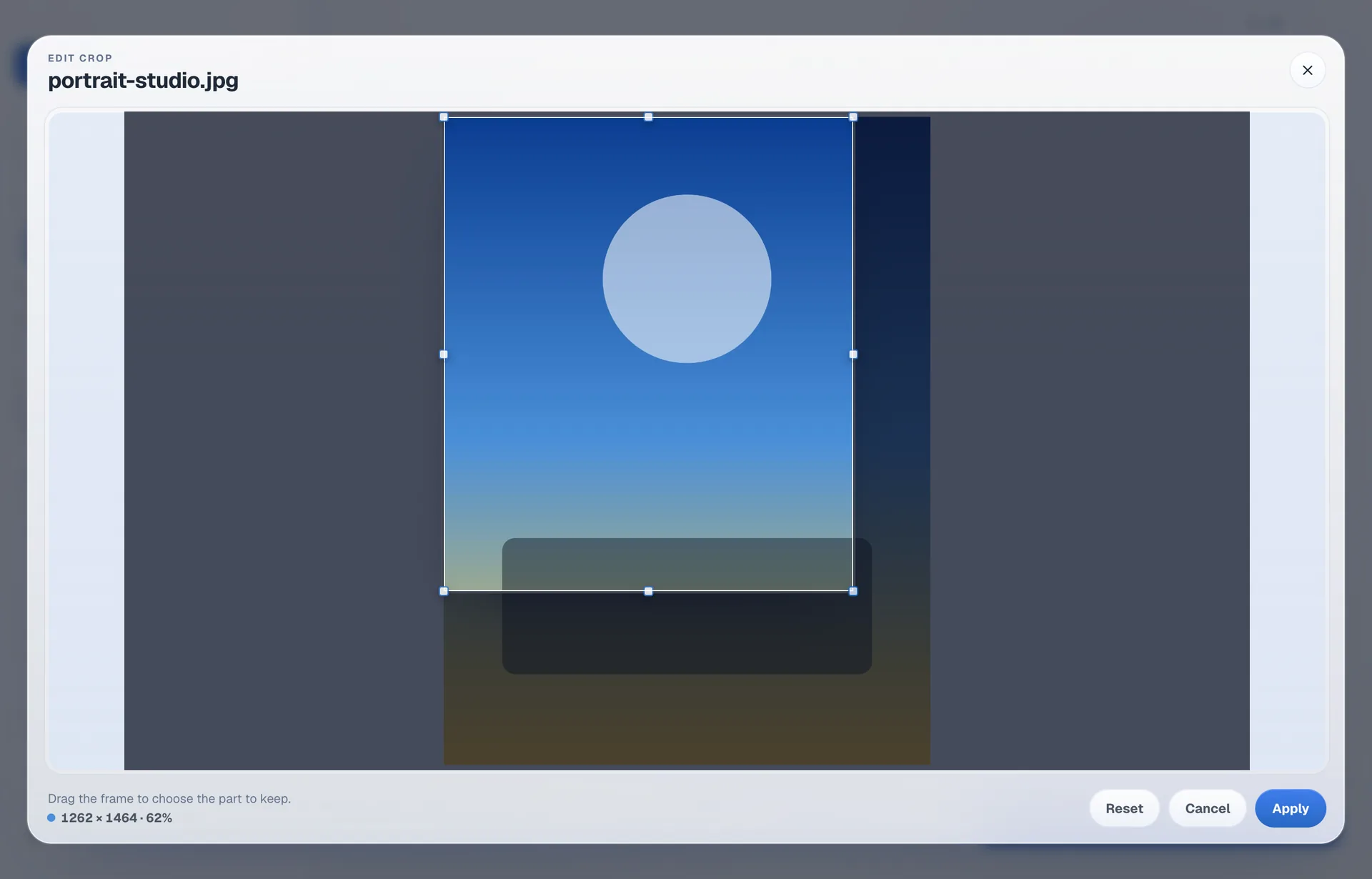 The crop editor with a frame drawn over a photo and a readout showing the kept pixel size and what share of the source it is.