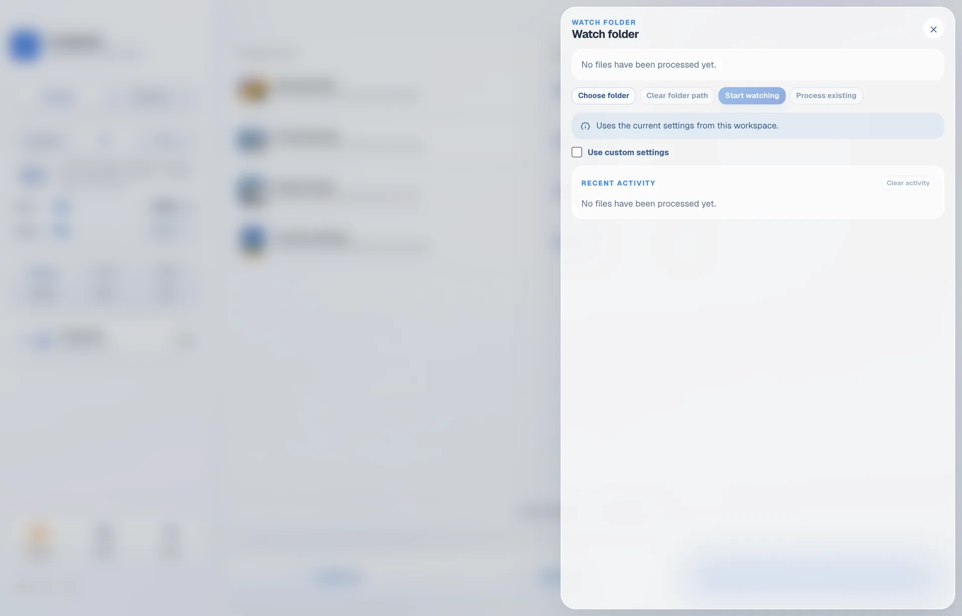 The watch folder panel, with a folder chosen, recent activity listed, and a toggle for using settings specific to that folder.