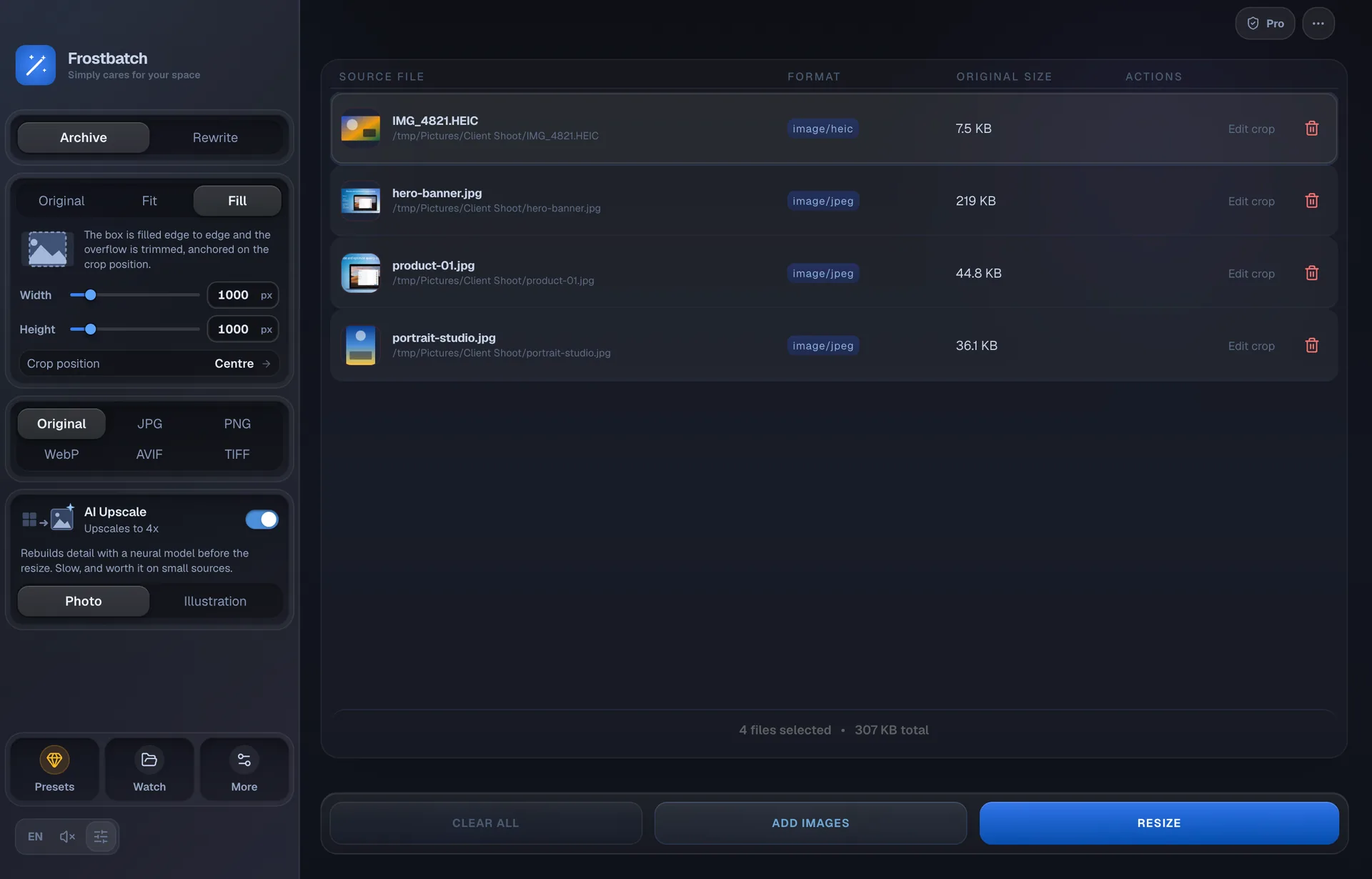 The same workspace in dark mode, with Fill selected at 1000 by 1000 and AI upscaling switched on using the Photo model.
